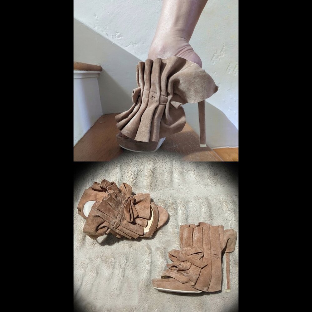 Jeffrey Campbell "Colmena" Tan Suede Platform Stiletto Slides Sandals, Sz. 6.5
